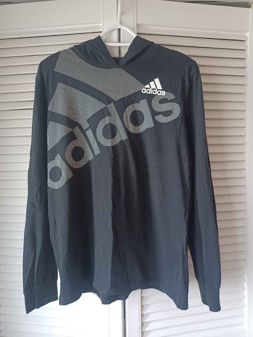 Adidas Hooded Long Sleeve Black Logo Print Shirt Youth XL 100% Cotton